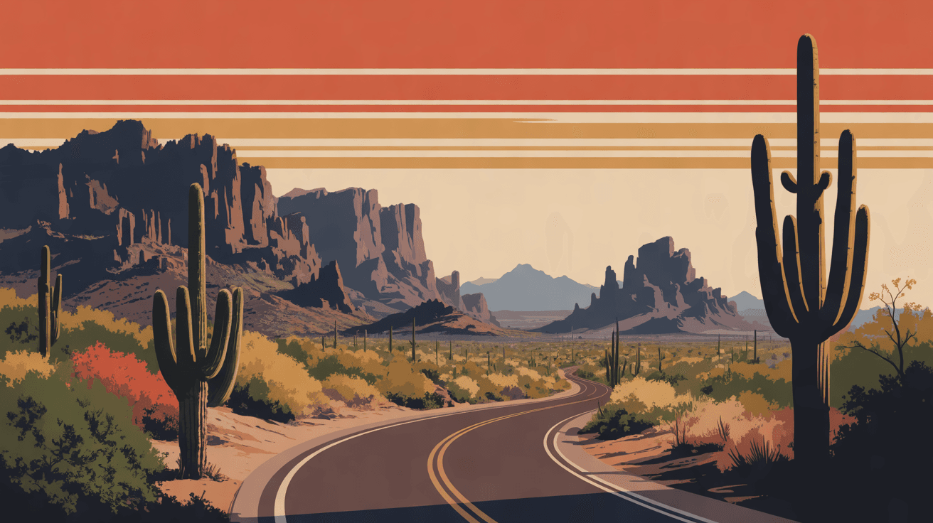 An illustration of the Superstition Mountains above saguaros and a winding desert road at sundown