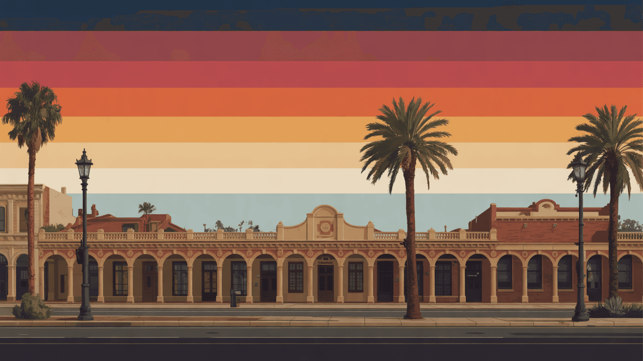 An illustration of a historic arched colonnade with tall palms and street lamps at sundown