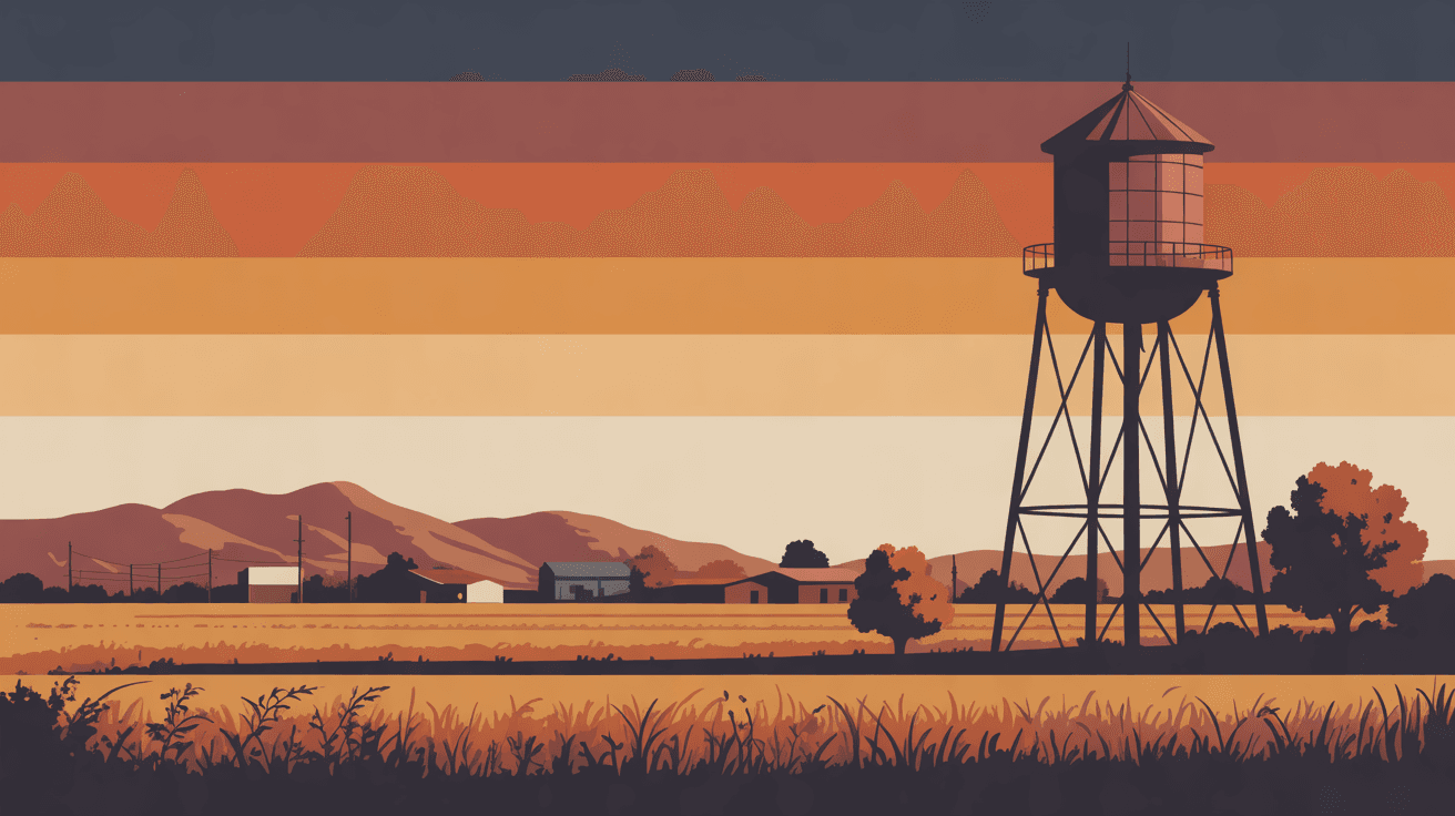 An illustration of an old steel water tower over farm fields and low buildings at sundown