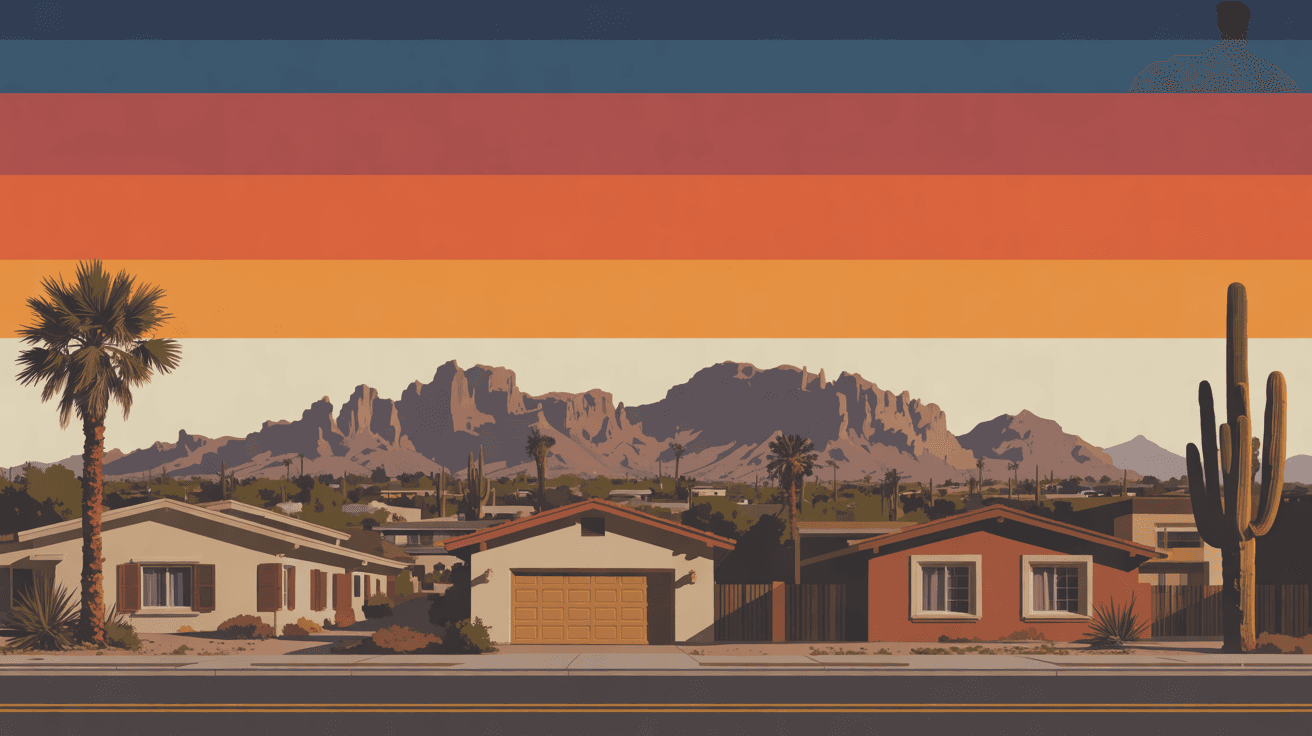 An illustration of a Mesa street of stucco homes with palms and a saguaro and rugged mountains on the horizon at sundown