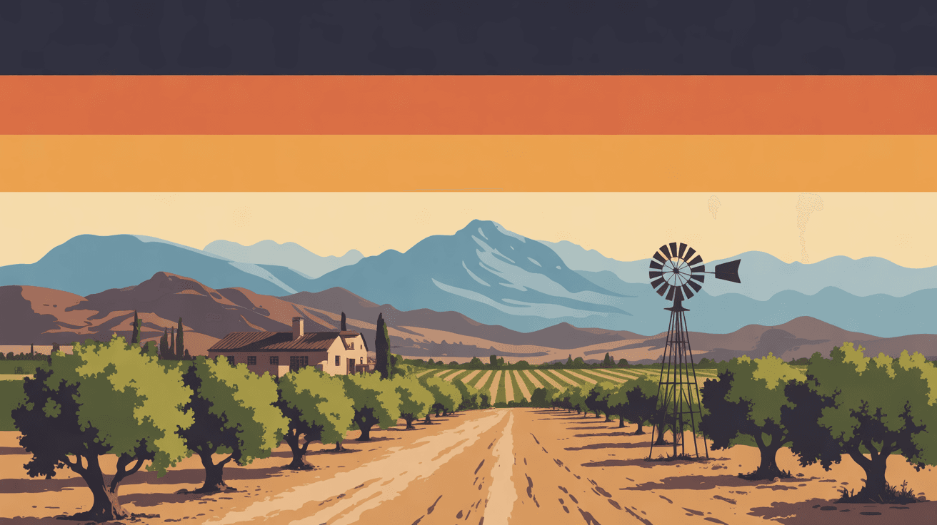 An illustration of olive groves and a dirt farm road before a farmhouse, a windmill and blue mountains at sundown