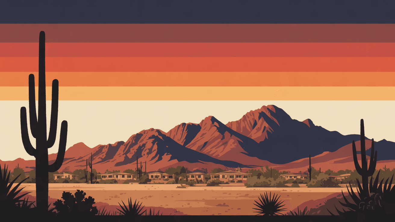 An illustration of red desert mountains above a low row of homes with saguaros in the foreground at sundown