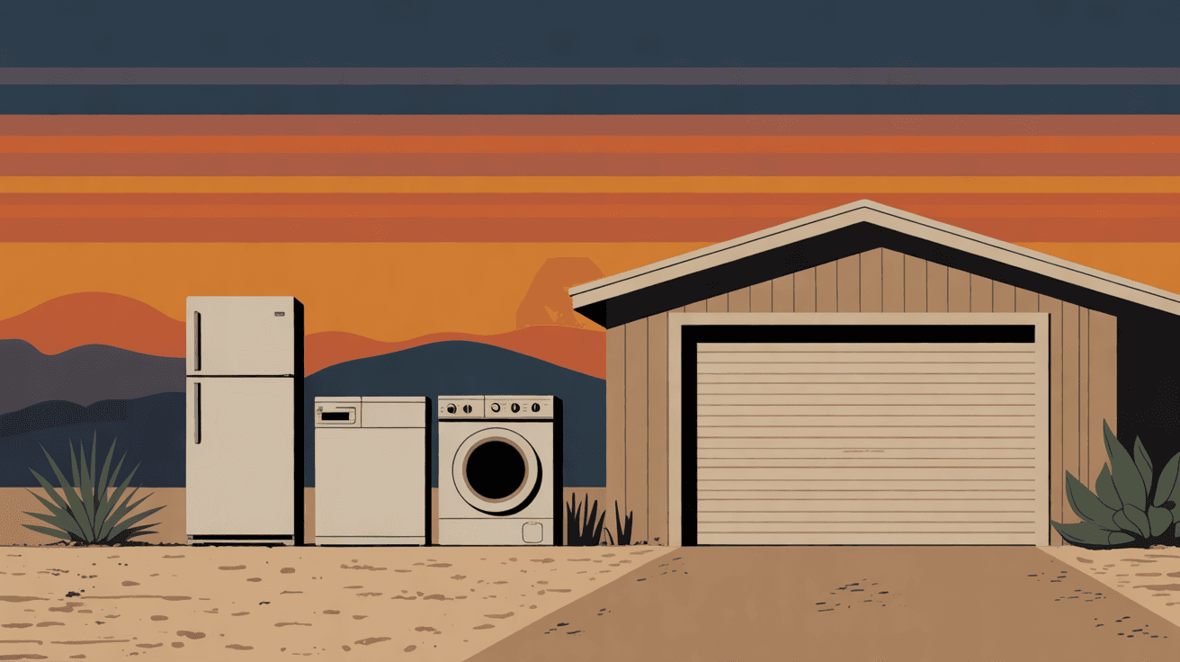 An illustration of an old refrigerator, a washer and a dryer on a desert driveway beside a closed garage at sundown