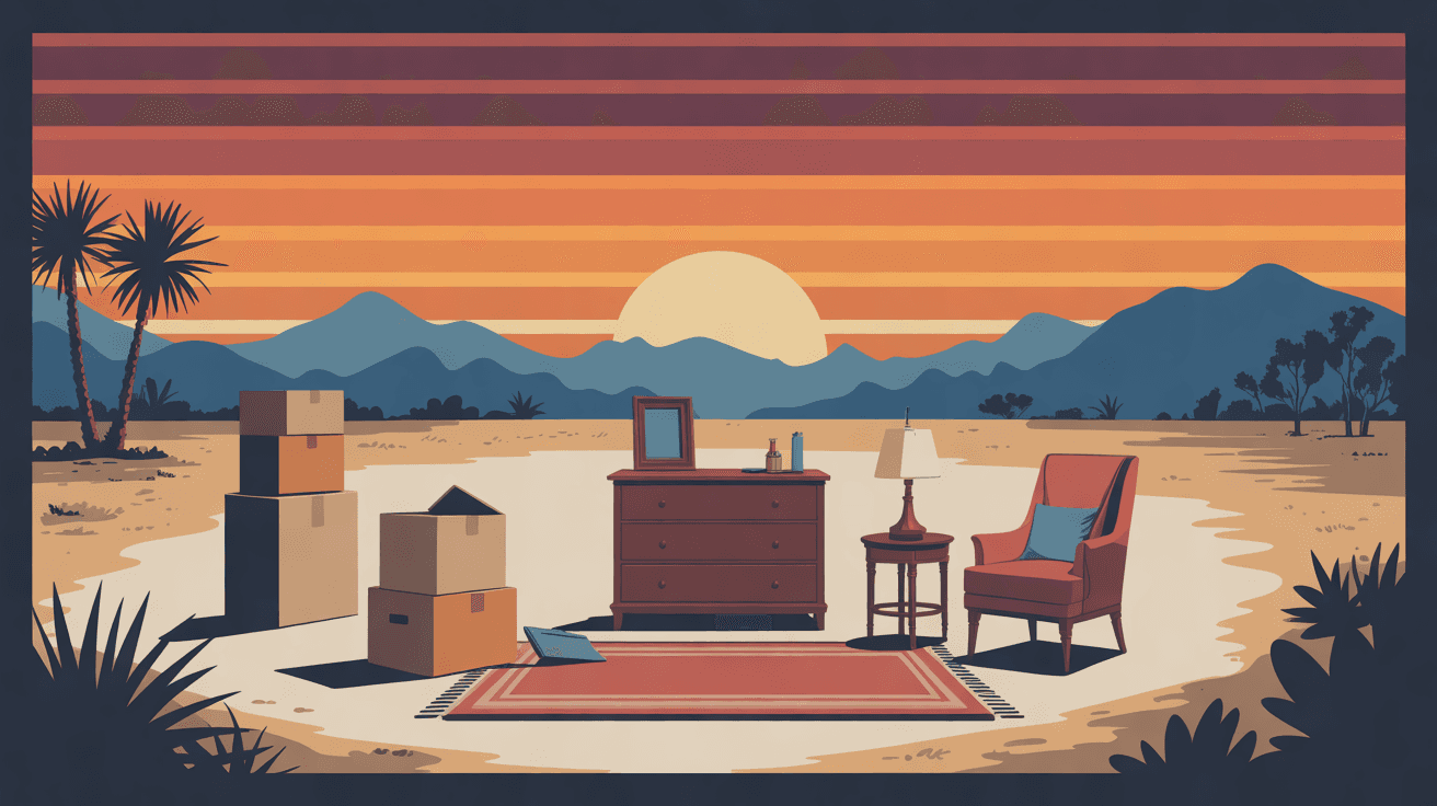 An illustration of a home being cleared: stacked boxes, a dresser, a lamp and an armchair on a rug at sundown