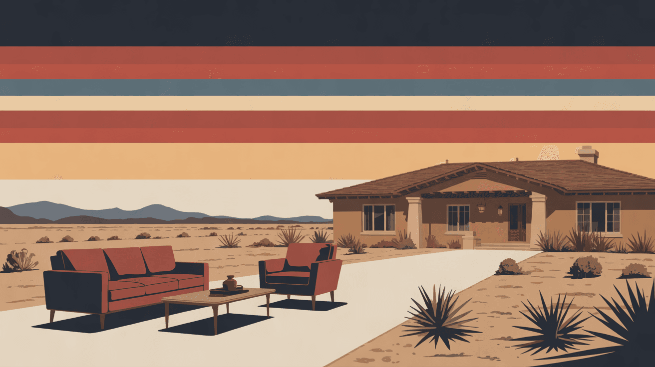 An illustration of a red sofa, an armchair and a coffee table on a desert driveway before a stucco ranch house at sundown