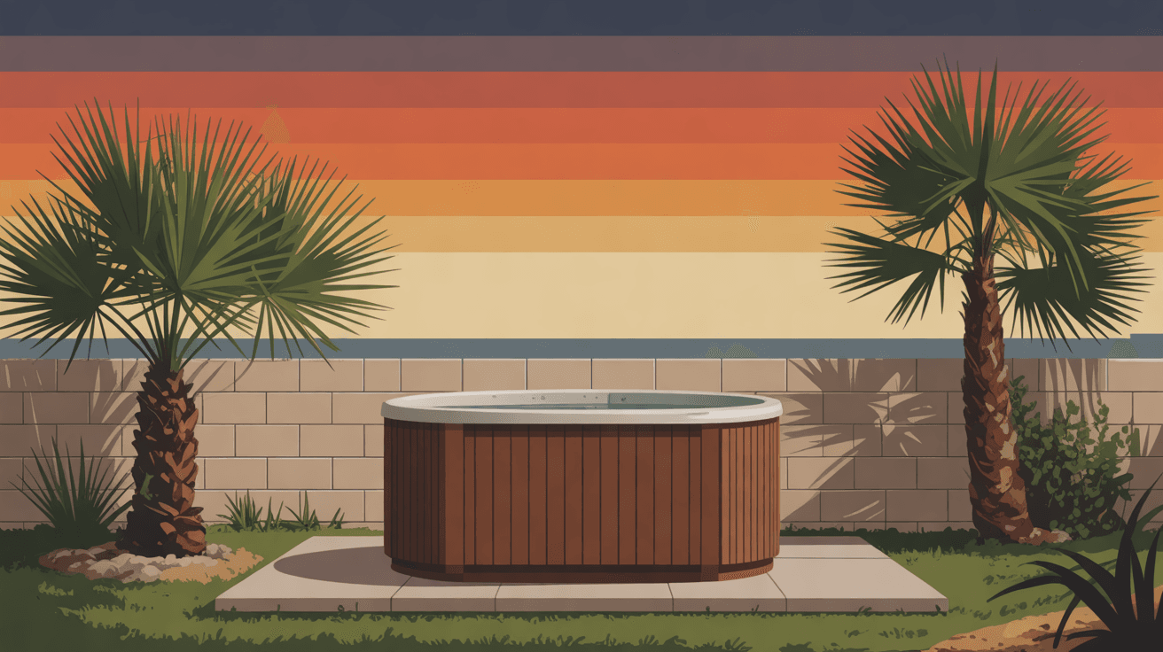An illustration of a wood-sided backyard hot tub on a concrete pad between fan palms at sundown