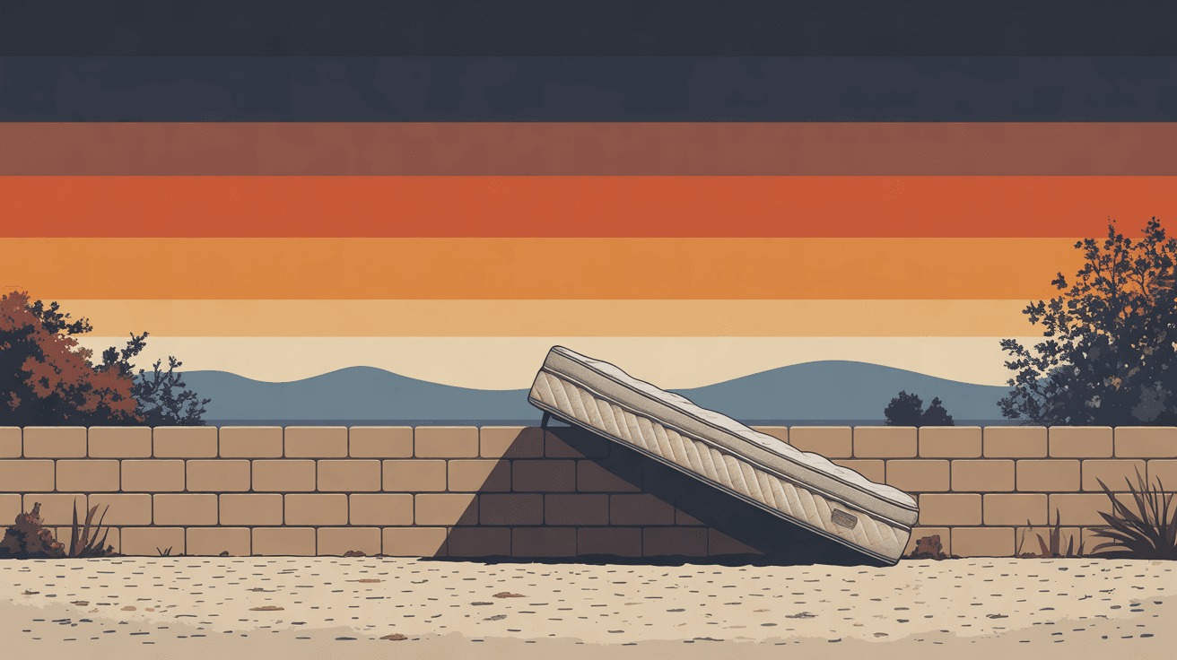 An illustration of an old mattress leaning against a block wall in a gravel yard at sundown