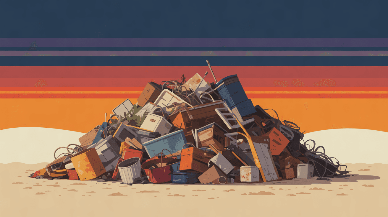 An illustration of a large mixed pile of household junk on sandy ground at sundown