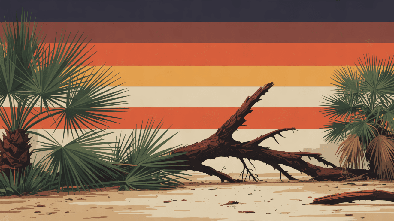 An illustration of a broken tree limb and palm fronds across a yard after a monsoon storm