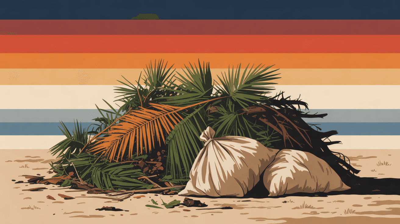 An illustration of a pile of palm fronds and branches with bagged clippings at sundown