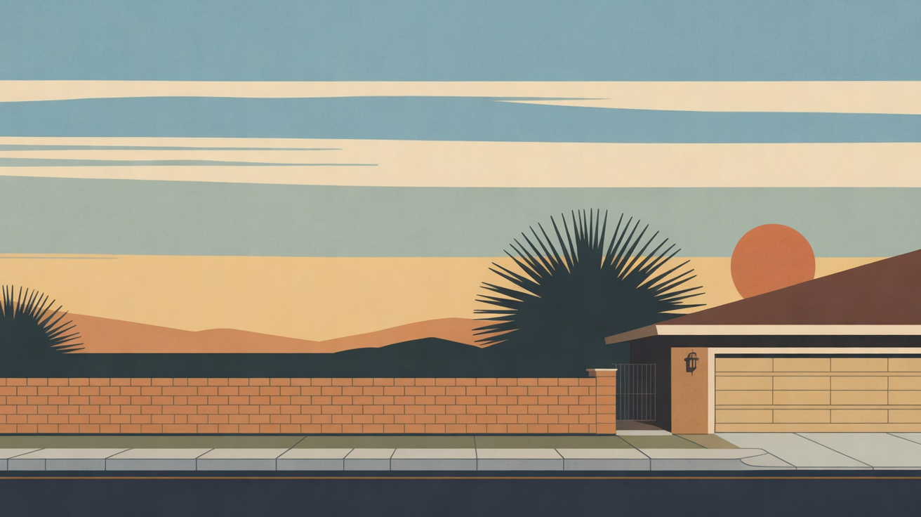 An illustration of a desert street at sundown: a block wall, a fan palm and a garage beside an empty curb under a banded sky