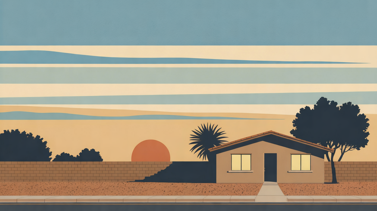 An illustration of a quiet single story house at dusk, two windows lit, with a palm and a tree beside a gravel yard under a banded sky
