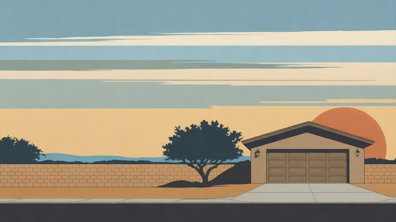 An illustration of a garage and its driveway at sundown, with a mesquite tree and a block wall under a banded sky